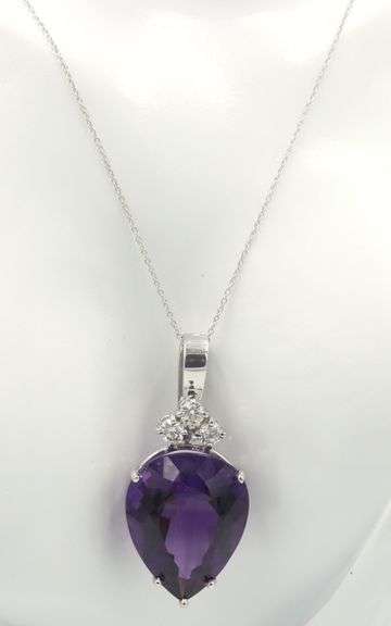 14kt White gold 39.07ct Pear shaped amethyst and diamond pendant on chain