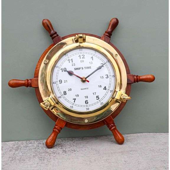 Nautical Wood & Brass Ship Wheel Clock