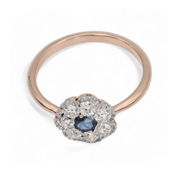 14K (585) Yellow White Rose and Gold Vintage Sapphire Diamond Ring