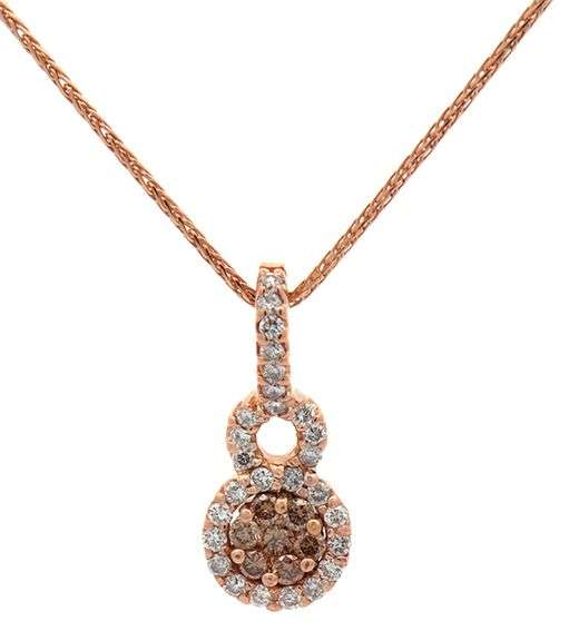0.55ctw Chocolate and White Diamond Cluster Halo Pendant Necklace in 14K