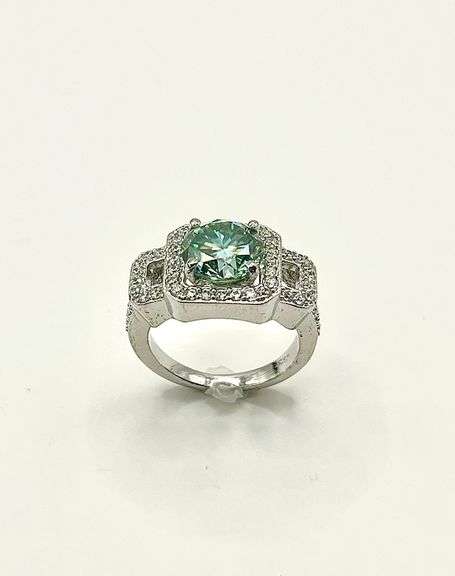 14 K White Gold Plate Dazzling 4.3 Ct Paraiba Green  Fire Moissanite Ring