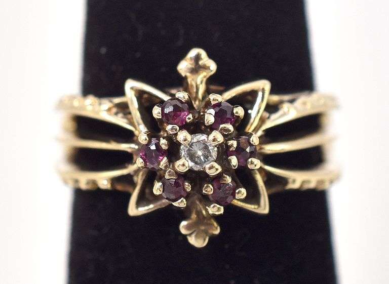 Darling Vintage Diamond and Garnet Ring in 10K Yellow Gold