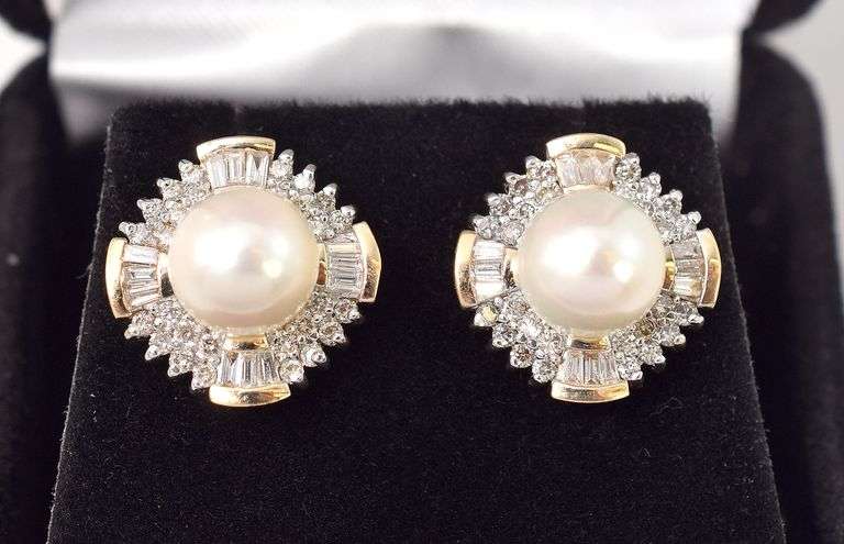 Sparkling 14K Yellow Gold Pearl and Diamond Stud Earrings