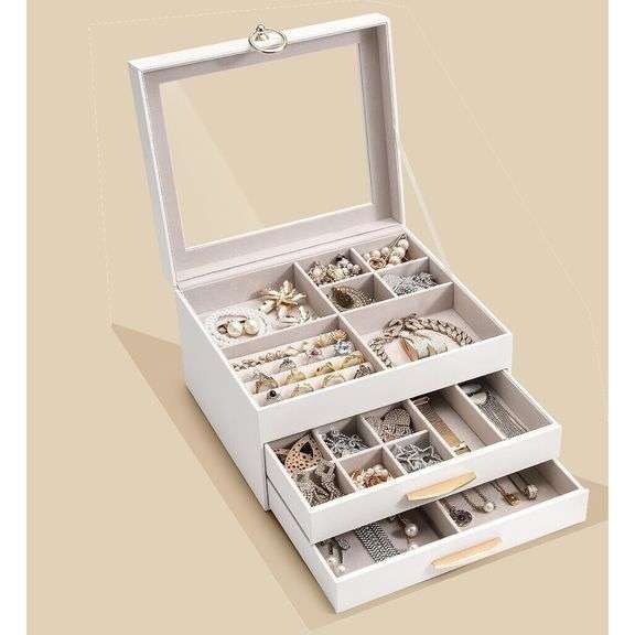 3-Layer Jewelry Box with Glass Lid and Drawers
