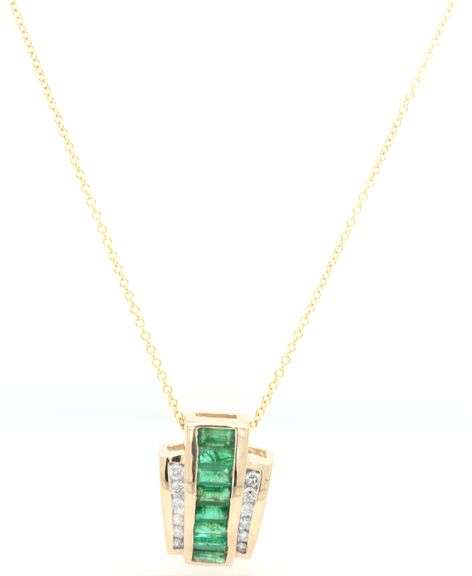 14kt Yellow gold baguette Emerald channel set and round diamond slider pendant on chain