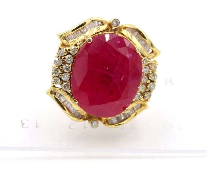 Fantastic 14K Yellow Gold W/ 35.50CTW Oval Diamond-Cut Ruby & 2.2CTW Round Brilliant Cut Diamond Ear