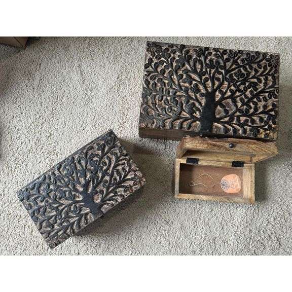 Rustic Mango Wood Floral Keepsake Boxes Set of 3