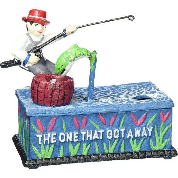 Fisherman Cast Iron Mechanical Coin Bank