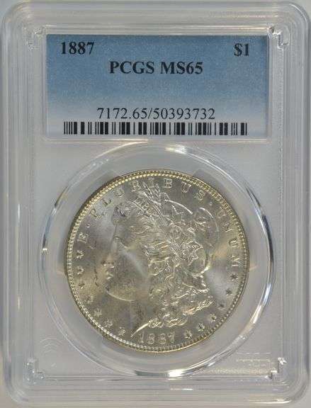 Bright-white Gem BU 1887 Morgan Silver Dollar. PCGS MS65