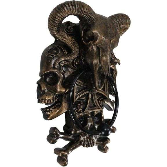 Horned Ram Skull Door Knocker with Crossed Bones