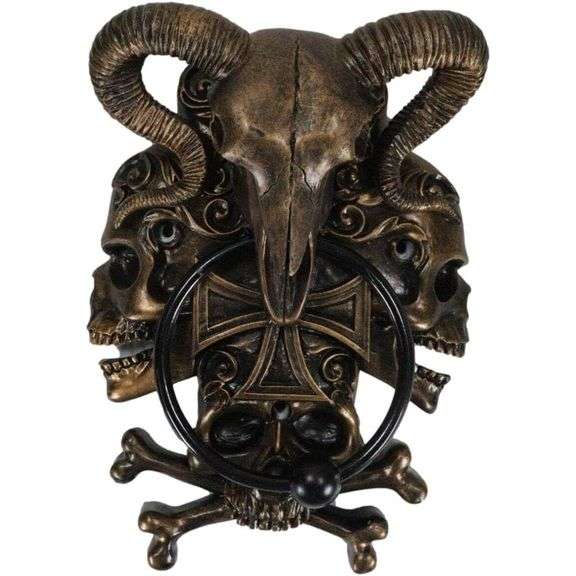 Horned Ram Skull Door Knocker with Crossed Bones