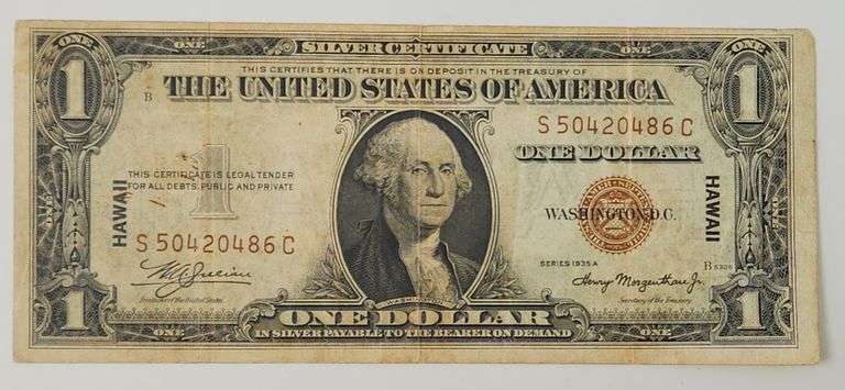 1935 A $1 Hawaii Silver, Certificate Banknote Circulated