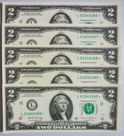 (5) Superb Crisp 2017A $2 Star Replacement Notes San Francisco-Consecutive!