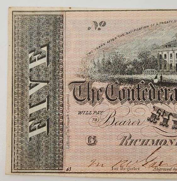1864 $5 Dollar Confederate States of America Note, Circulated