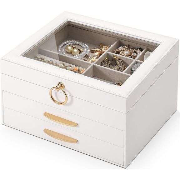 3-Layer Jewelry Box with Glass Lid and Drawers