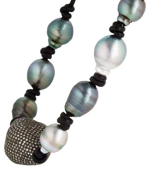 Gray Baroque Pearl and Diamond Accent Center Leather Strand Necklace in Sterling