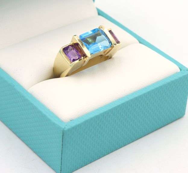 Fantastic 14K Yellow Gold W/ Emerald Cut Blue Topaz  & Emerald Cut Amethyst Ring