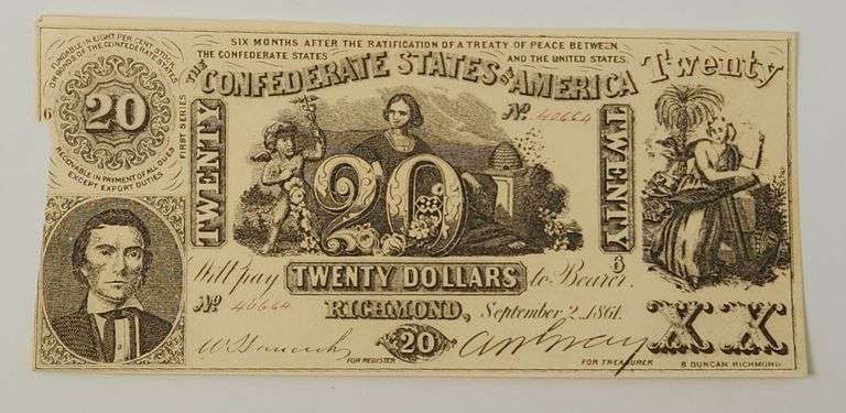 1861 Confederate States Of America $20 Twenty Dollar Note Richmond