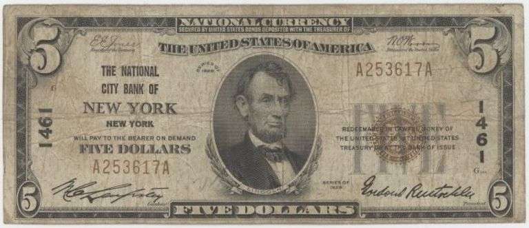 1929 Series $5 National Currency Note of City Bank, NY (1461)