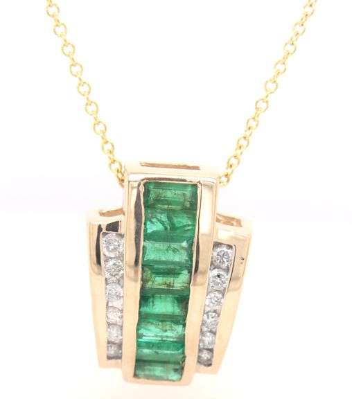 14kt Yellow gold baguette Emerald channel set and round diamond slider pendant on chain