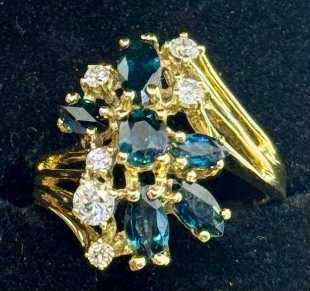 14K Yellow Gold Round Brilliant Cut Diamond and Marquise Cut Sapphire Ring