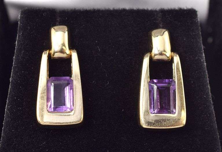 Fancy 14K Yellow Gold Amethyst Gemstone Dangle Earrings