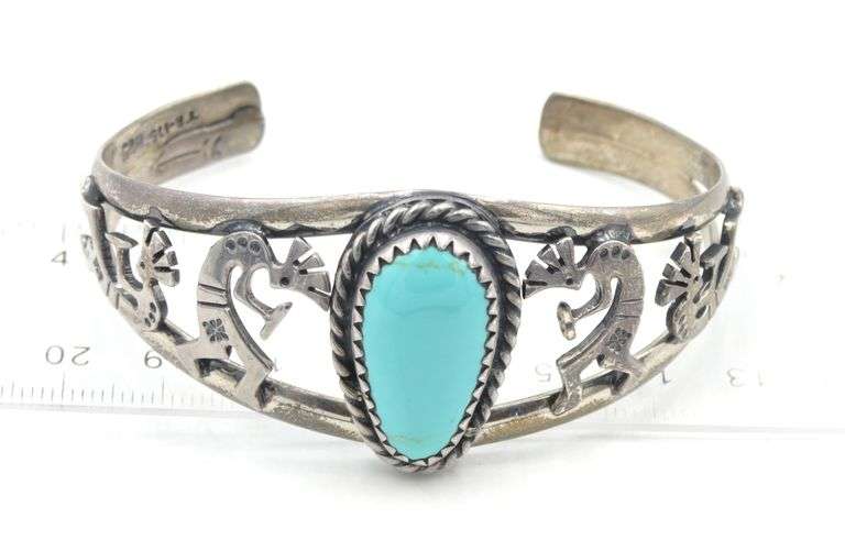 Vintage 925 sterling silver signed Southwest Estate bracelet with oval turquoise and kokopellis