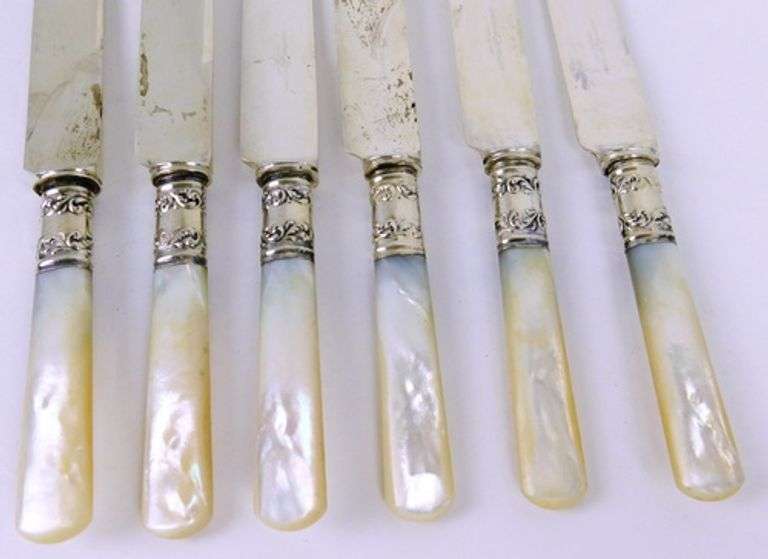 6 Antique Mother of Pearl & Sterling Cuff Dinner Knives