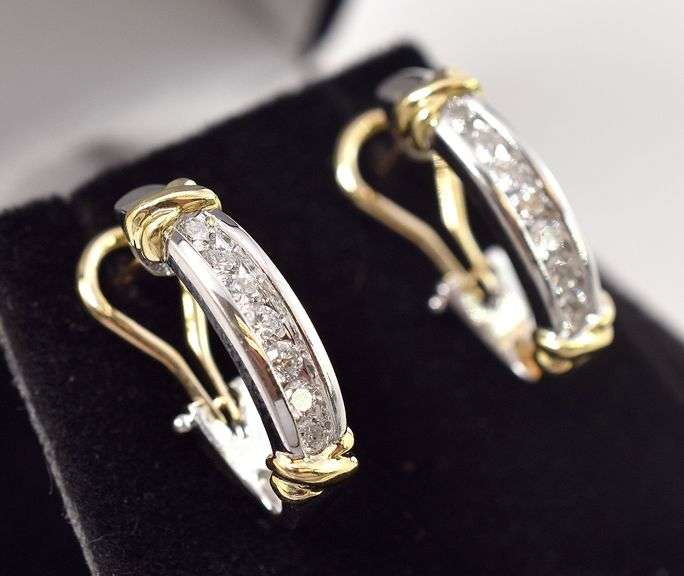 Tasteful Diamond J-Hoop Earrings in Two-Tone 14K Gold