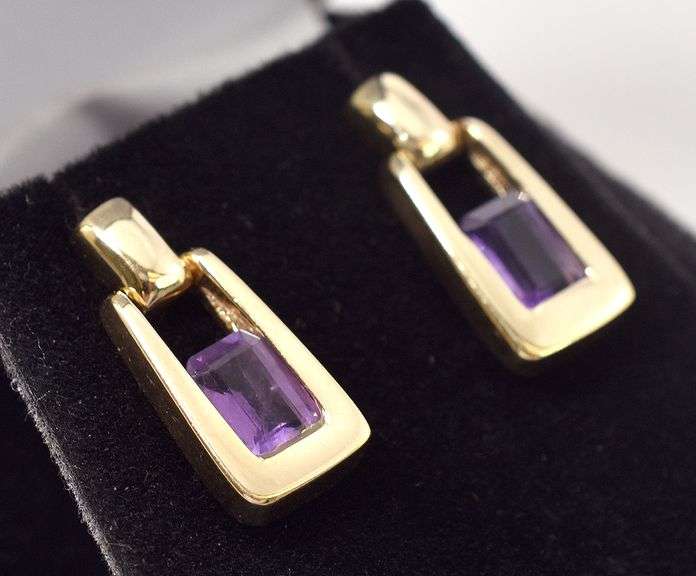 Fancy 14K Yellow Gold Amethyst Gemstone Dangle Earrings