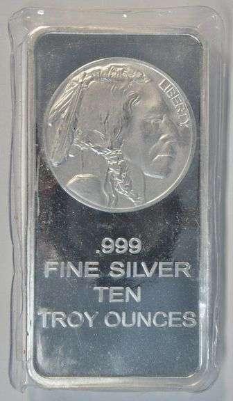 Prooflike Buffalo design 10 Troy Oz pure .999 fine silver bar in plastic