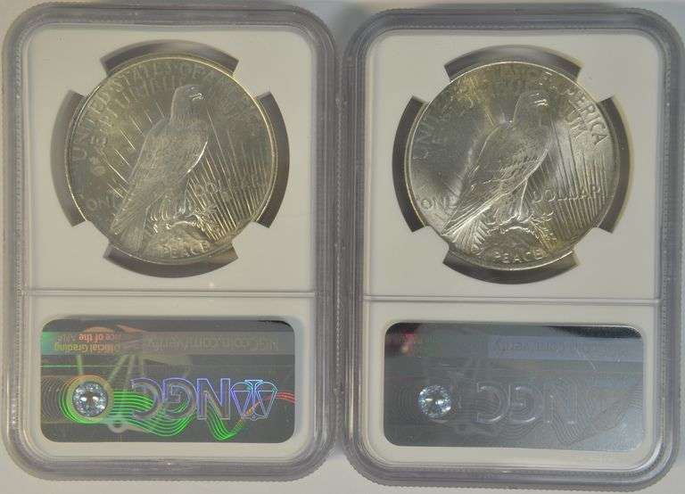 Special 100th Anniv. 1924 & 1925 Peace Silver Dollars. NGC MS64