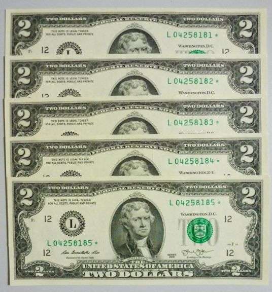(5) Superb Crisp 2013 $2 Star Replacement Notes San Francisco-Consecutive!