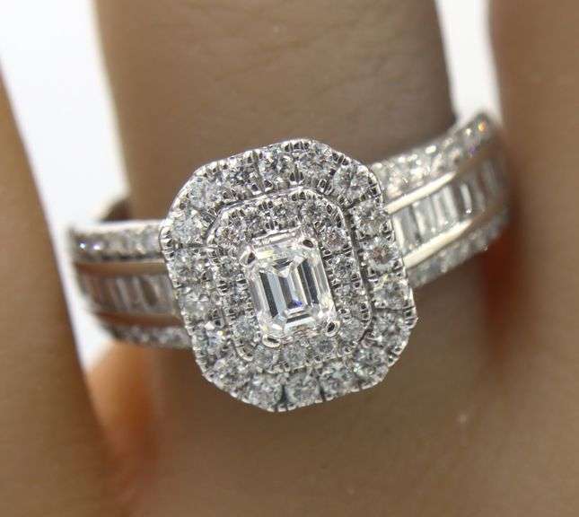 14kt White gold Modern bride 1-3/8ctw Emerald cut, baguette and round cluster engagement ring