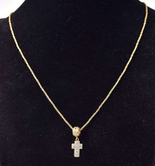 Holy 14K Yellow and White Gold Diamond Cross Pendant Necklace