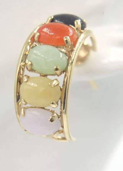 14kt Yellow gold multi Jade color hoop earrings