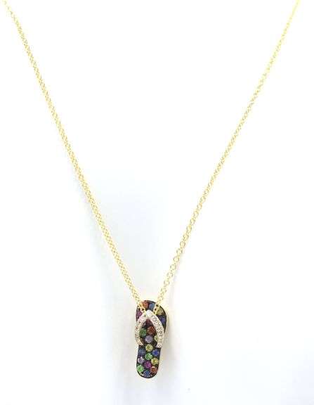14kt Yellow gold Effy multi sapphire and diamond flip flop pendant on chain