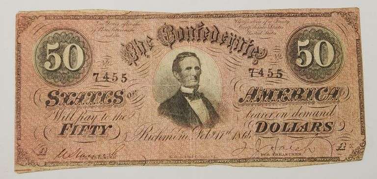 1864 $50 Fifty Dollar Confederate States of America, Circulated