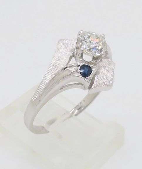 Vintage Diamond & Blue Sapphire Ring in 14k White Gold