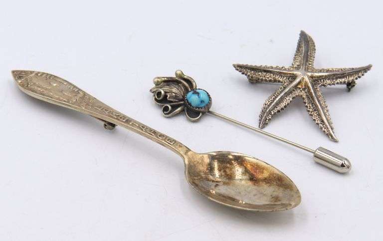 Group Lot of 3 Vintage 925 Sterling Silver Brooches Lot
