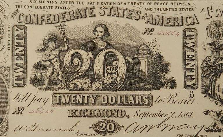1861 Confederate States Of America $20 Twenty Dollar Note Richmond
