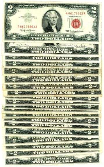 20 $2 Red Seal US Notes from 1953