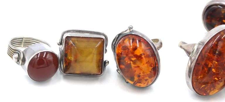 Group lot of Vintage 925 sterling silver Amber rings