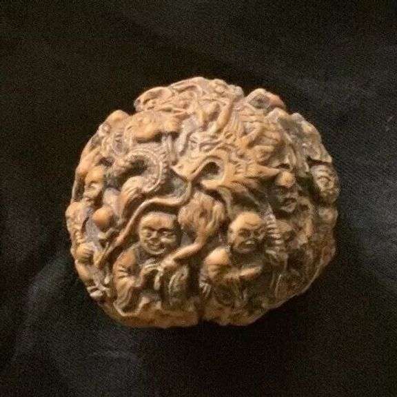 Antique Carved Walnut Shell Monks and Buddha with Dragon