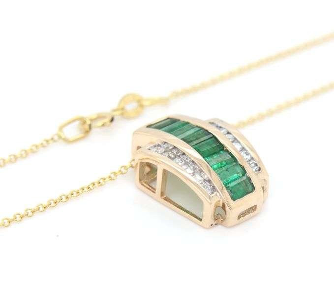 14kt Yellow gold baguette Emerald channel set and round diamond slider pendant on chain