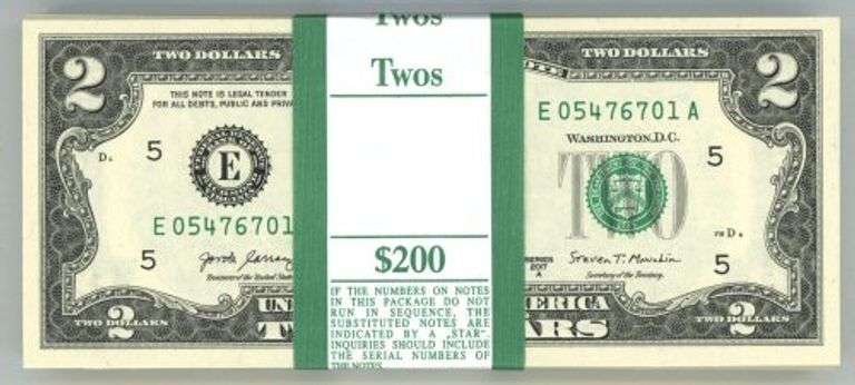 Superb Gem CU $200 Pack of 2017-A Series $2 Bills in Sequence (L)