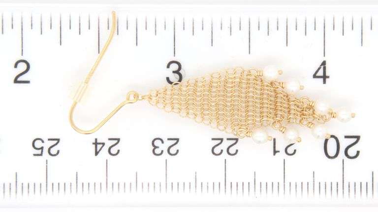 18kt Yellow gold Tiffany & Co mesh fringe pearl dangle earrings