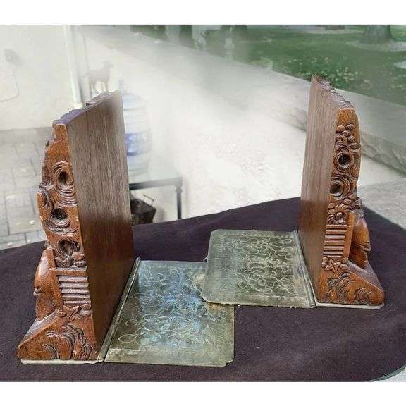 Pair of Antique Chinese Carved Wood and Brass Bookends