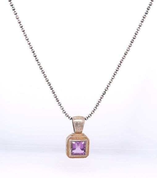 925 Sterling silver amethyst pendant on beaded chain necklace