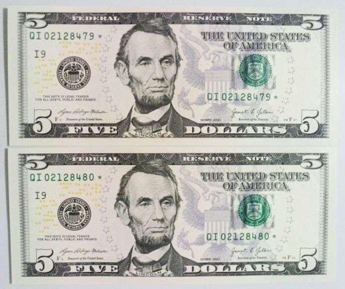 (2) Superb Crisp 2021 $5 Star Replacement Notes Minneapolis-Consecutive!